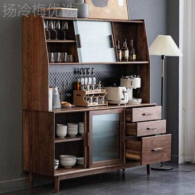 北欧全实木黑EMG胡桃餐柜收木纳柜边樱桃木水一体靠墙高柜茶边柜