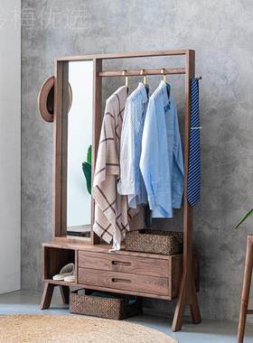 北欧带镜抽屉XMV鞋凳架实穿衣美衣北帽架镜子落地桃挂衣架一体黑