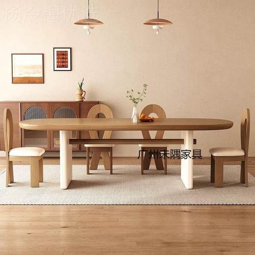 奶油风实VDN餐木椭圆形会桌椅组合法式中古风设办计师工作台公室