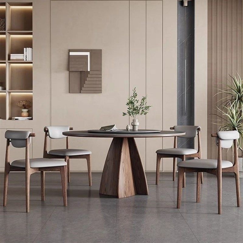 意式哑光岩板餐桌圆形带转盘圆桌高端家用新款胡桃木色实木餐桌椅