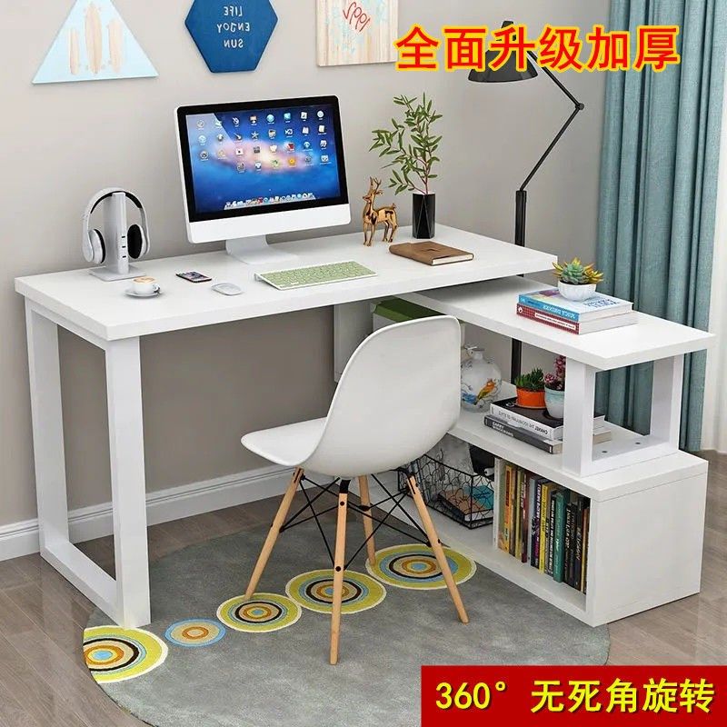简易台式转角办公桌家用卧室L旋转电脑桌写字学习书桌书架柜组合