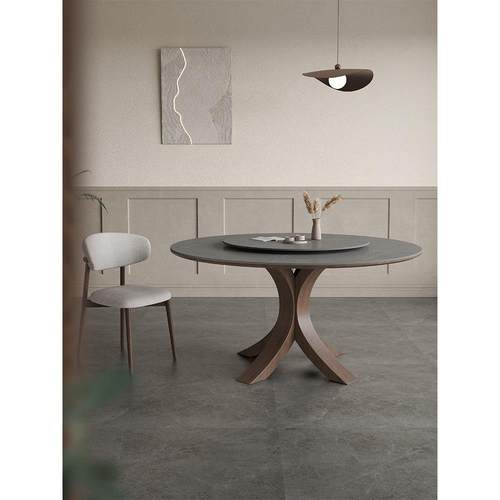 哑光岩板餐桌圆形带转盘8人餐台现代简约意式高端白蜡木实木圆桌