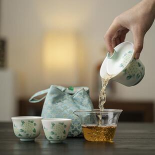 定窑旅行茶具套装户外露营旅行便携式快客杯功夫茶具陶瓷一壶三杯