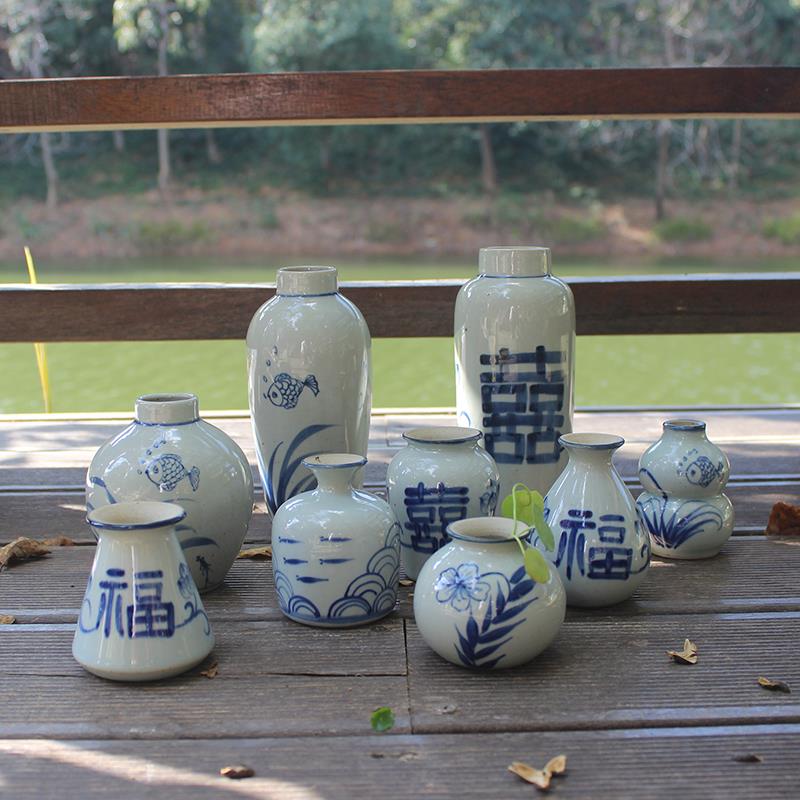 景德镇复古手绘青花陶瓷花瓶禅意茶道摆件中式桌面小花插福喜花器