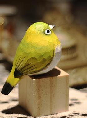 鹿妖商店 肥啾鸟 绣眼鸟 清新小绿鸟 原创手工 实木摆件 木雕小鸟