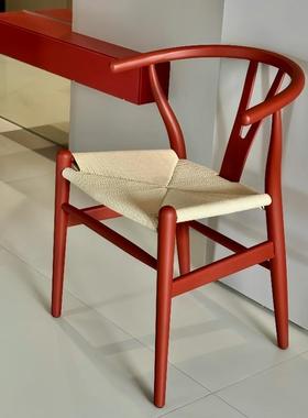 意式极简实木餐椅ch24设计师中古风家用y字椅子饭厅叉骨椅书桌椅