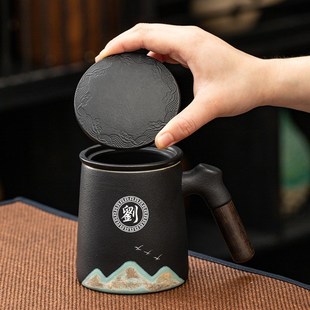 远山千里江山茶杯茶水分离个人办公室家用陶瓷水杯带过滤定制