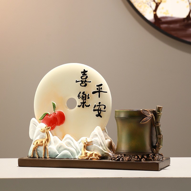 创意新中式流沙画沙漏假山鹿笔筒摆件乔迁礼品客厅书房书桌装饰品图片