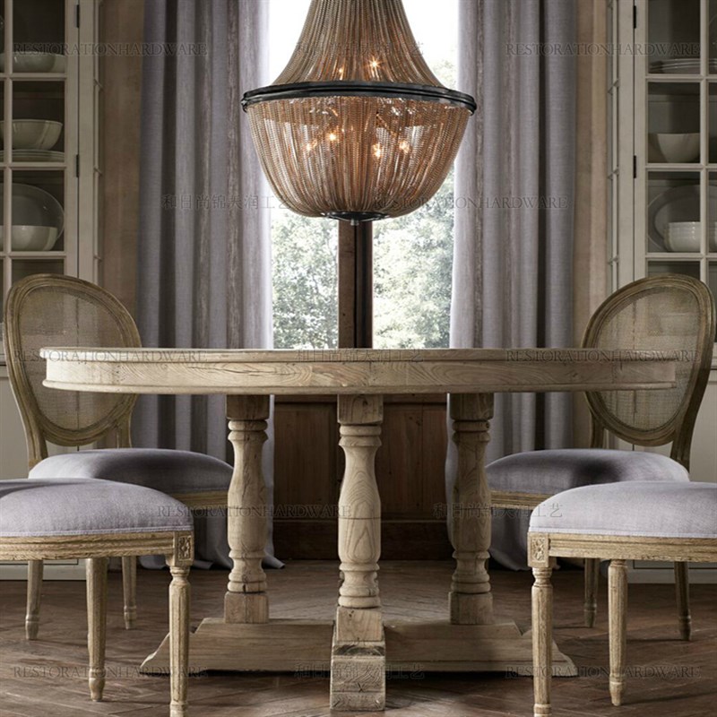 美式乡村实木复古餐桌法式原木做旧圆桌 8/10/12人欧式范客厅风化