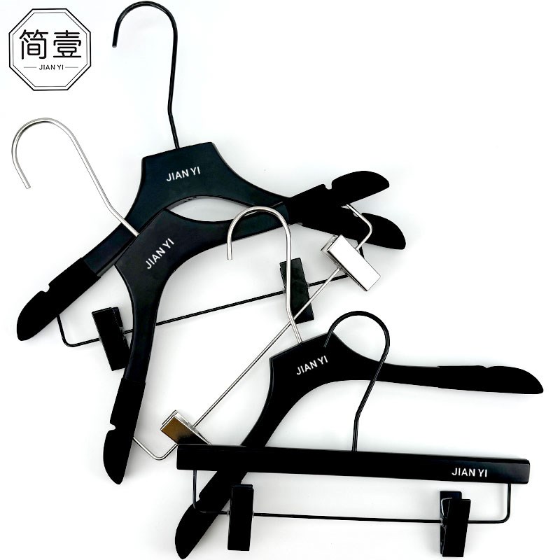 定制LOGO黑色实木衣架衣挂女服装店植绒木质衣撑裤夹包邮银色长钩