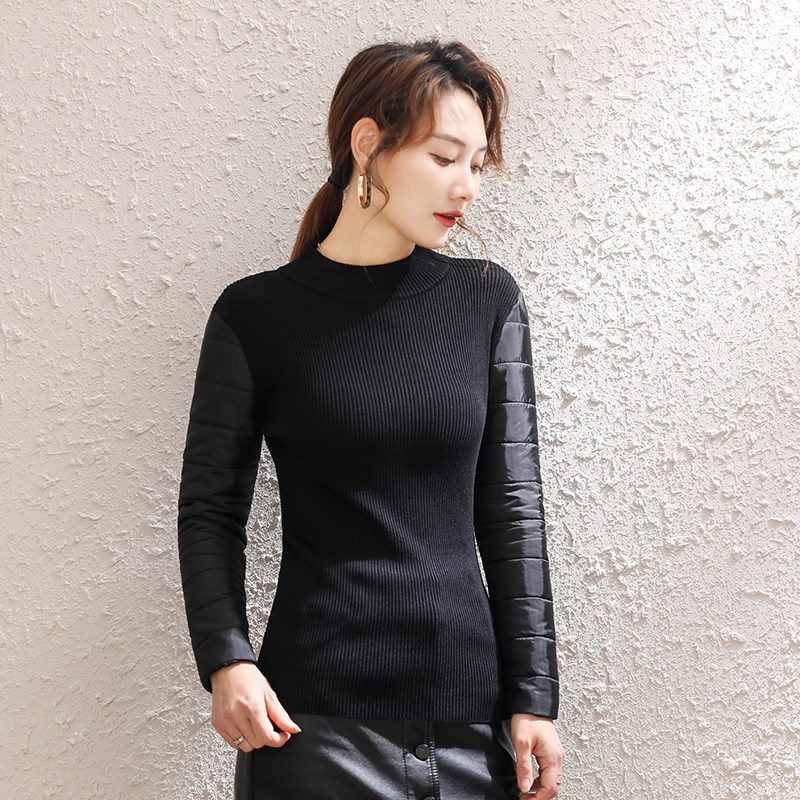 全布羽绒袖拼接毛衣女加绒加厚棉袖打底衫秋冬针织内搭小衫配皮草