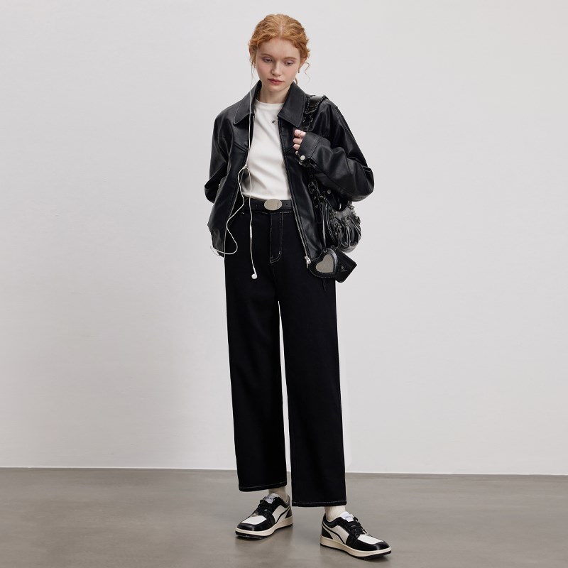 DESIGNER PLUS 美式复古PU黑色皮衣女小个子秋装短款机车夹克外套