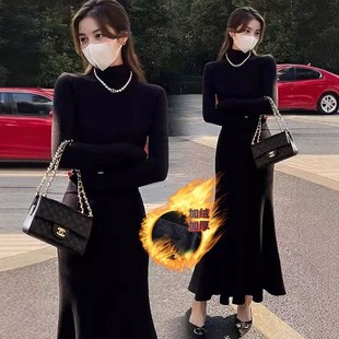 收腰显瘦裙 2024秋冬半高领连衣裙鱼尾裙修身 350克棉加绒加厚