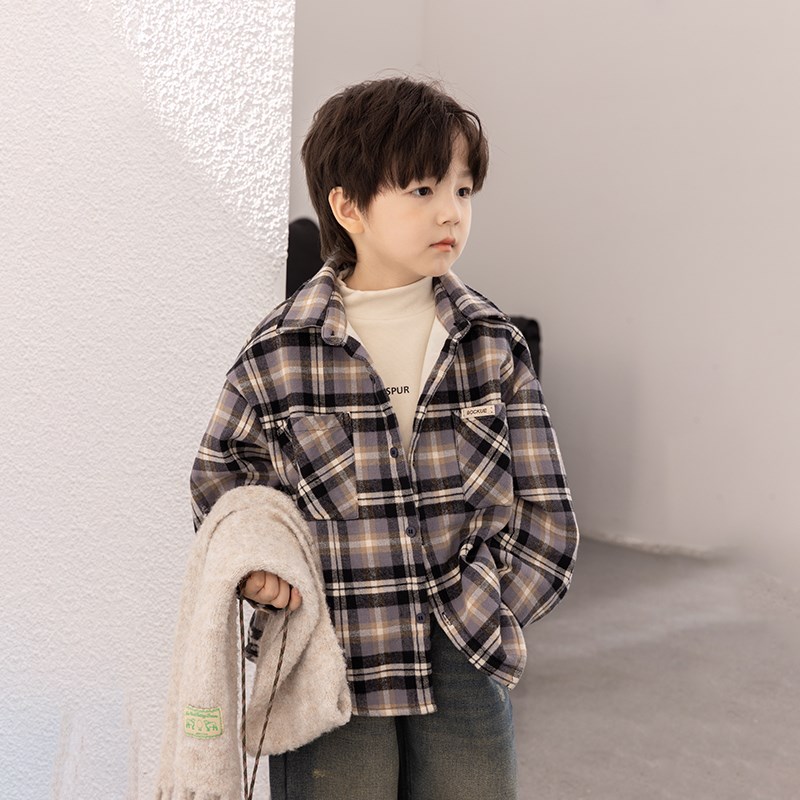 依依妈男童加绒格子衬衫儿童冬装宝宝宽松奥粒绒加厚休闲开衫上衣
