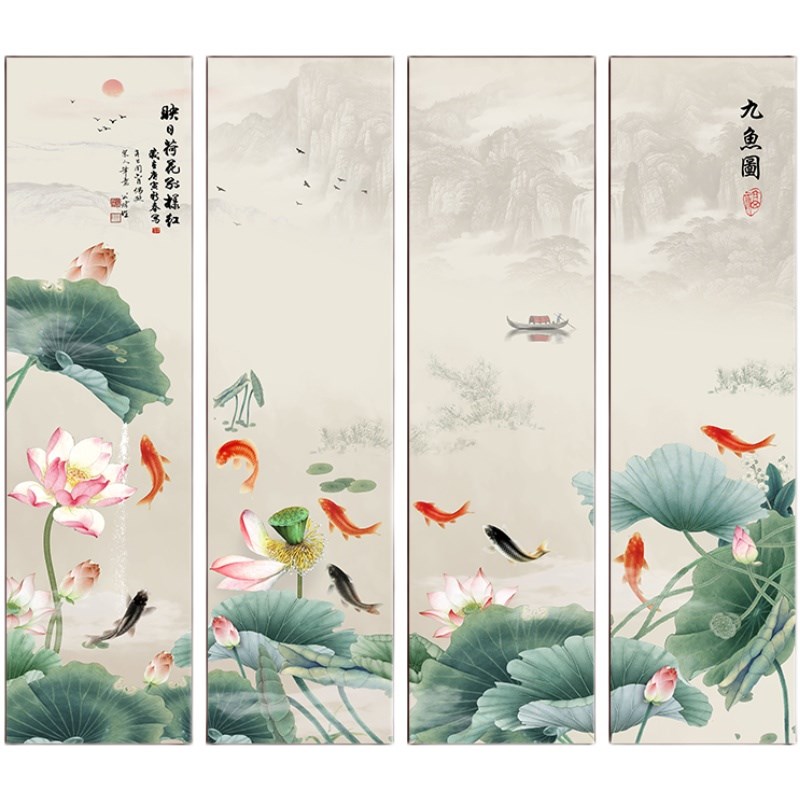 网红新中式九鱼联图装饰画荷花叶玄客厅沙发背景墙壁画别墅四两关图片