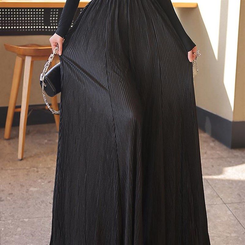 下垂宽腿女裤子时尚新款甩裤压褶长裤垂感黑色百褶大喇叭大阔腿裤
