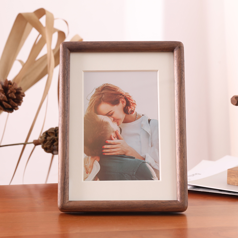 实木美式胡桃木榫卯相框摆台6寸7寸8寸洗照片做成相框圆角弧画框