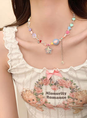 彩色多巴胺星星串珠项链小众设计猫咪爱心网红锁骨链2023新款吊坠