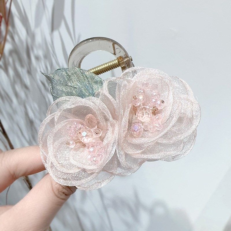 精致网纱花朵抓夹清新甜美优雅8CM底夹小发夹温柔发卡头饰