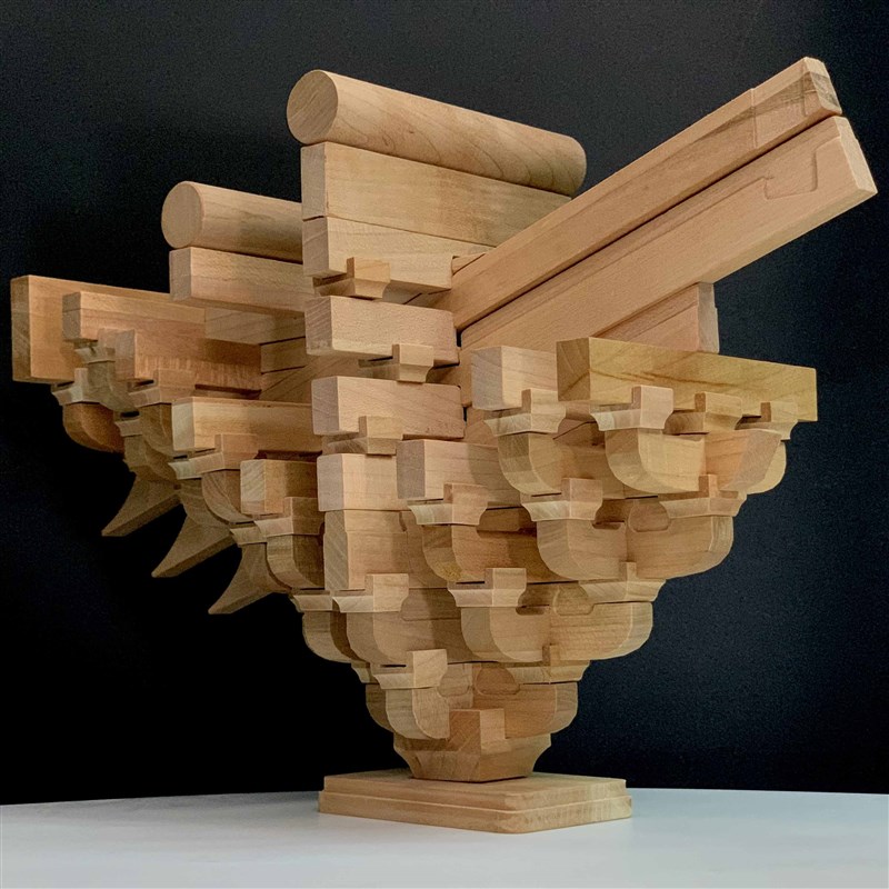 中国潮全榫卯积木古建筑柱头斗拱实木模型结构拼装玩具文创摆件