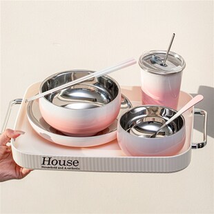 不锈钢碗盘套装组合家用碗筷勺个人专用饭碗具一人食碗碟餐具套装