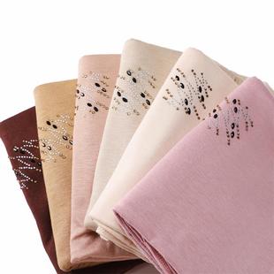 VS479 马来西亚弹性丝光棉单色汗布烫钻头巾 新款 素色围巾披肩女