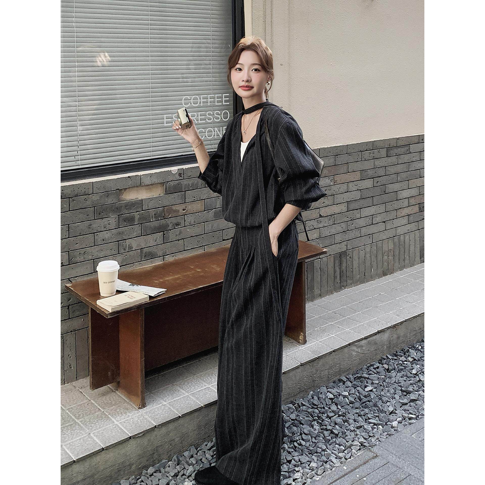 老钱风穿搭条纹上衣套装女秋季2时尚套装