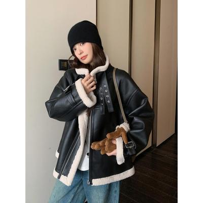 黑色羊羔毛外套女秋冬加厚立领2024新款皮毛一体韩系小个子机车服