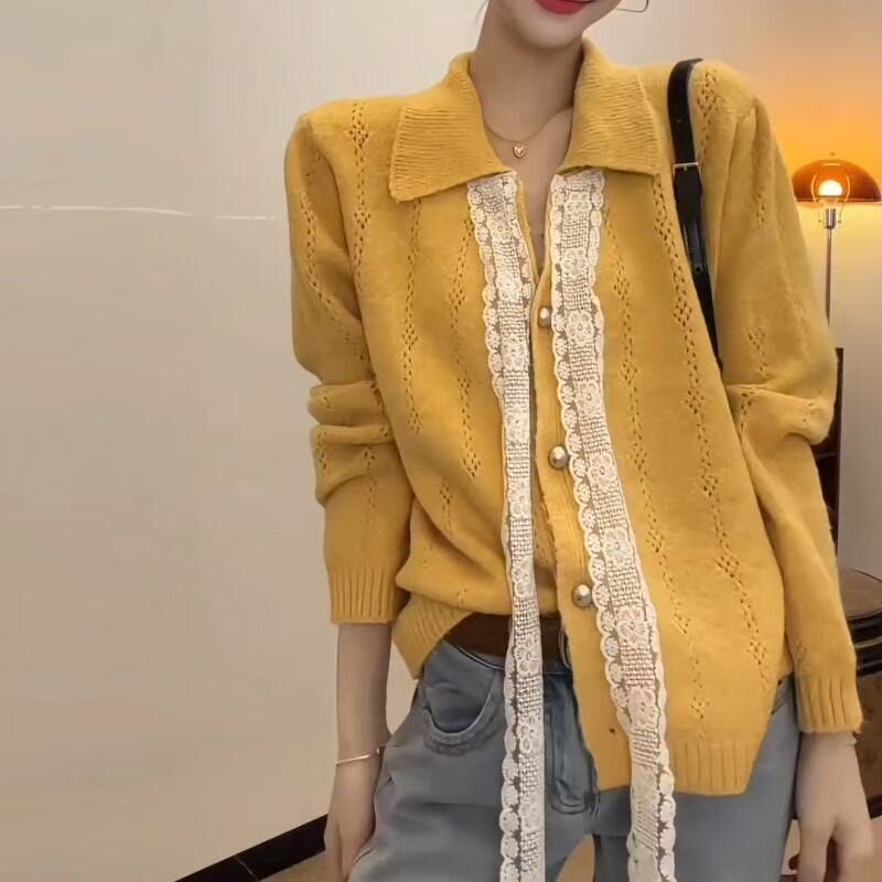 韩系氛围感早秋上衣女2025新款法式独特黄色小香风蕾丝系带针织衫
