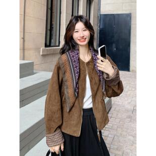 夹克潮 小个子休闲显瘦短款 覆古格子拼接麂皮绒外套女秋季 2025新款