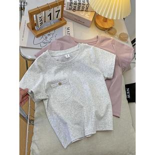 宽松韩版 纯棉短袖 新款 2025夏季 高腰纯色露脐上衣女ins潮 t恤女短款