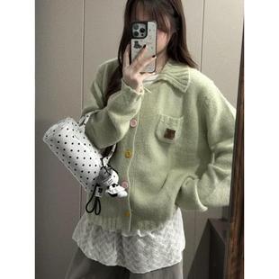 女士宽松上衣 绿色翻领彩色纽扣针织开衫 韩式 早秋氛围套装
