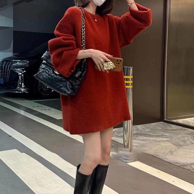 慵懒风高级感红色加厚套头毛衣女秋冬温柔宽松百搭中长款针织上衣