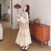 少女温柔气质针织马甲连衣裙套装 女秋一整套穿搭木耳边长裙两件套