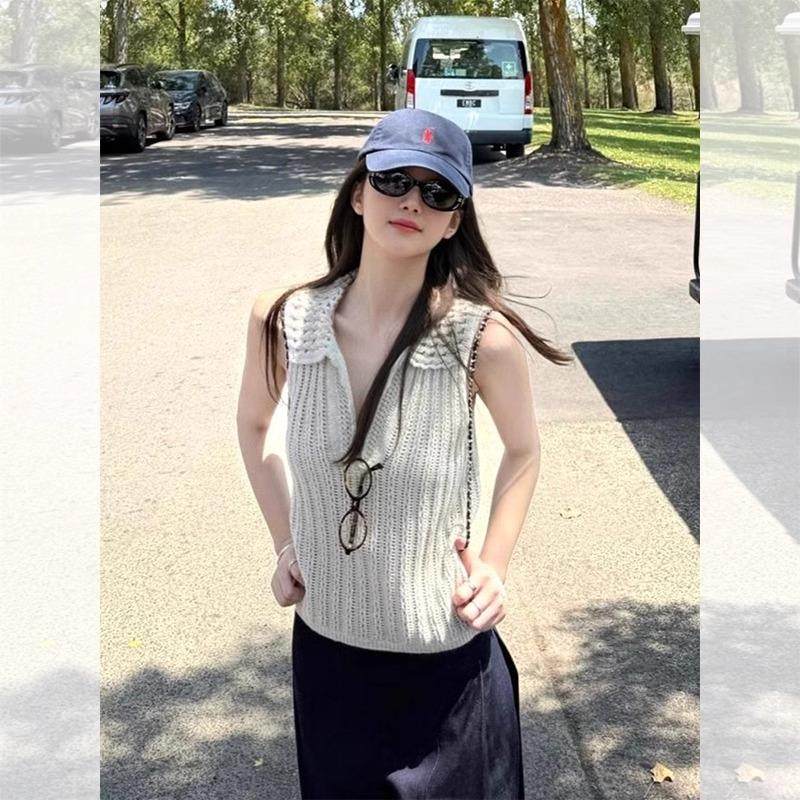 法式镂空无袖针织背心女夏季设计感小众外穿高级感老钱风翻领上衣