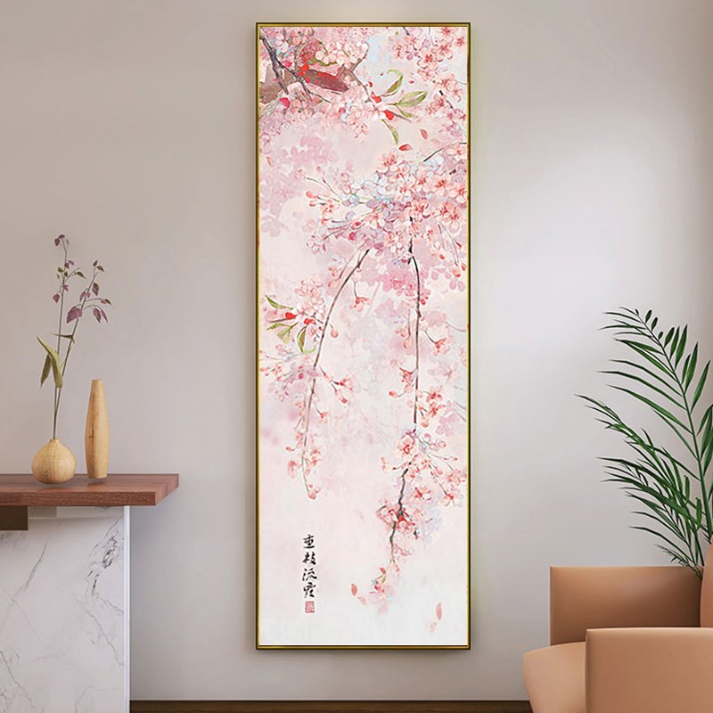 新中式盛开桃花轻奢油画玄关装饰画原木风温馨客厅花卉竖版挂壁画图片