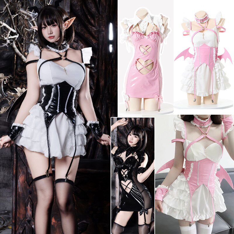 二次元小恶魔性感亮面PU挂脖绑带短裙透视套装魅魔COS主播制服女