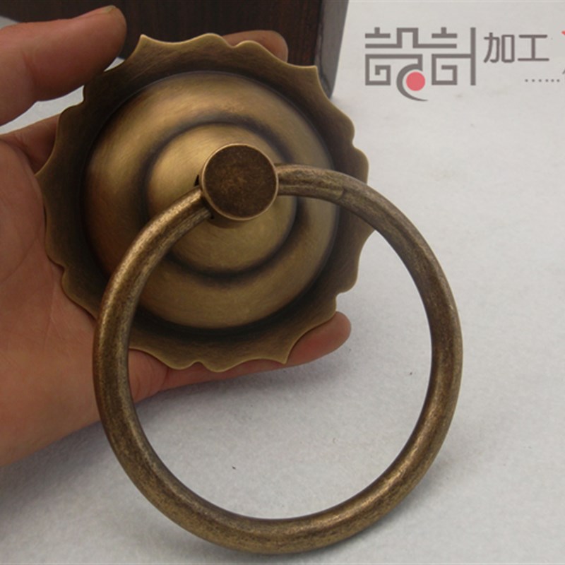 仿古大门铜配件实木门荷花门环敲门器纯铜中式门拉环铜拉手环门钹