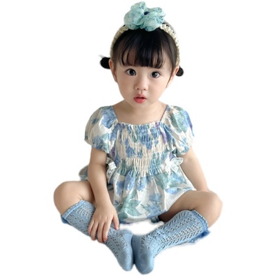 婴儿连身衣夏款韩版婴幼儿碎花泡泡袖包屁哈衣宝宝夏季薄款三角爬