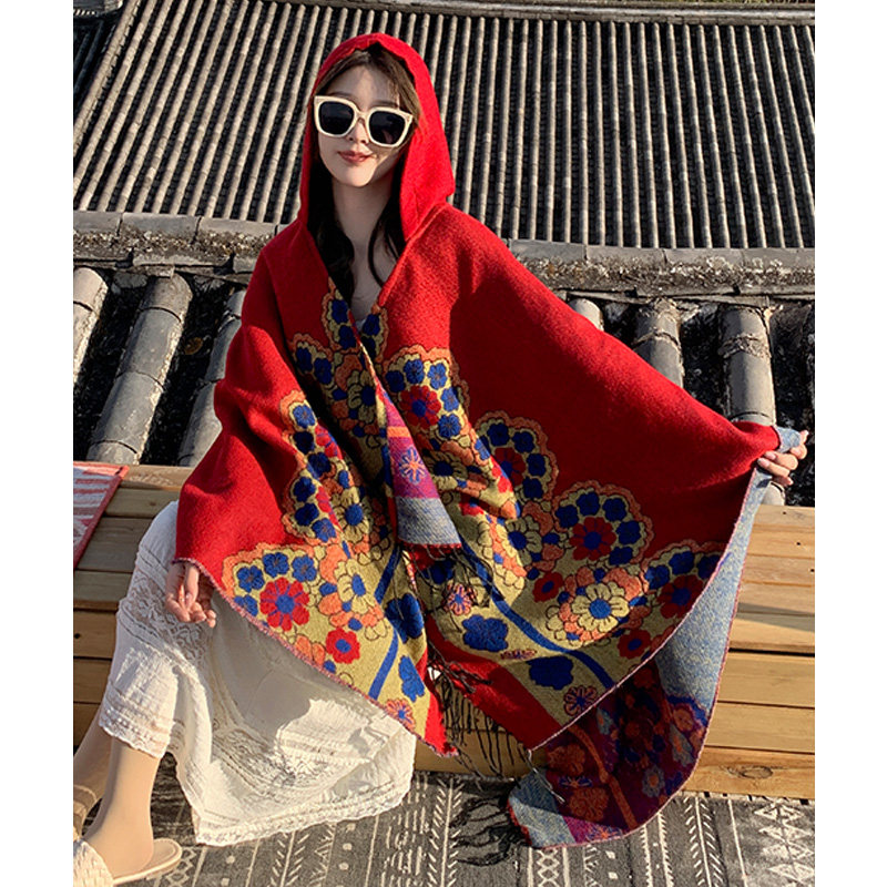 民族风印花流苏连帽斗篷披肩w女中长款不规则宽松保暖旅行拍照外