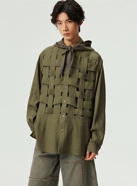 Simple Project褶皱肌理感混纺面料编织结构镂空设计长袖衬衫