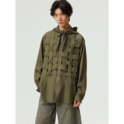 Simple Project褶皱肌理感混纺面料编织结构镂空设计长袖衬衫