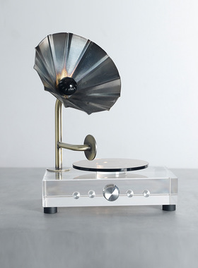 简约现代透明弧形留声机水晶摆件样板房间客厅玄关桌面软装饰品