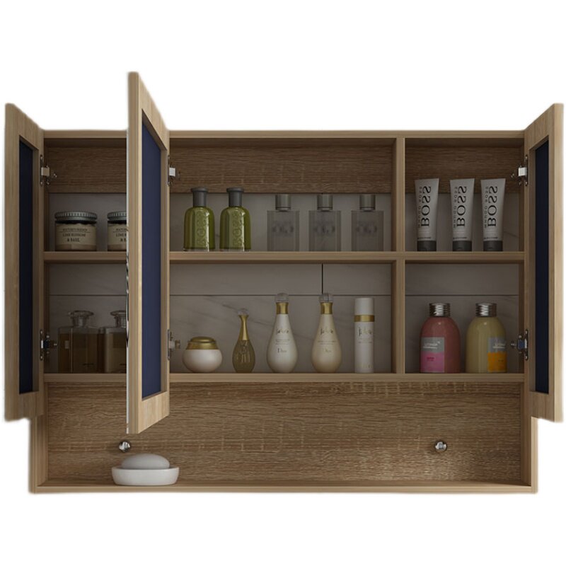 原木色浴室镜柜实木单独防水厕所小空间收纳柜卫生间镜子柜壁挂