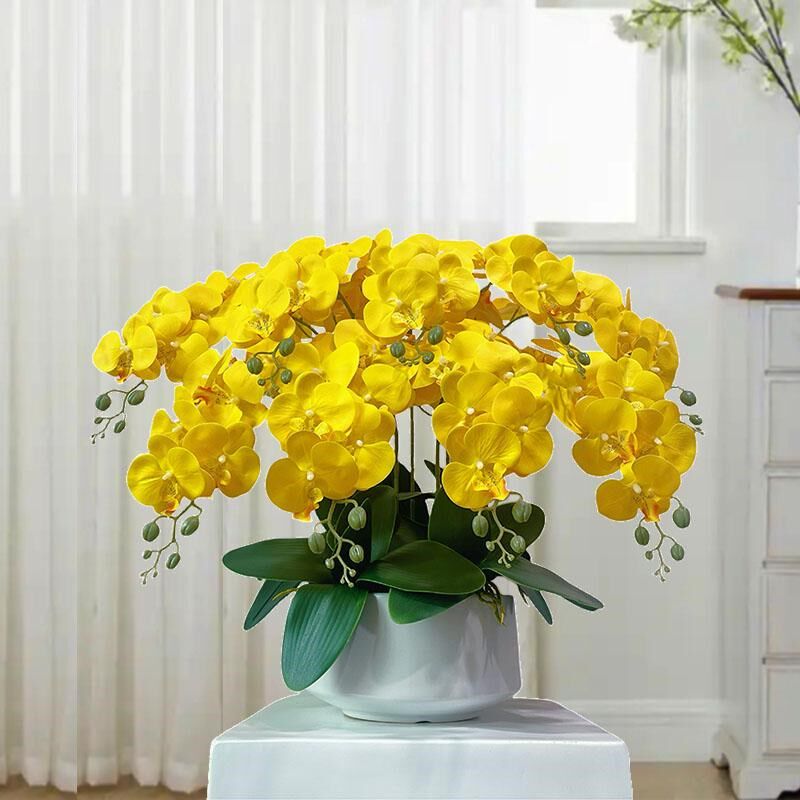 蝴蝶兰假花黄色仿真花高品质餐桌上放的摆件客厅塑料花装饰花盆栽