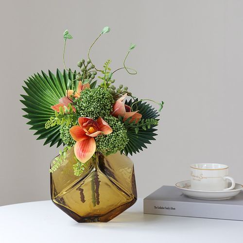 立方体玻璃花瓶客厅餐桌仿真花插花摆件样板房花艺洽谈桌软装摆花