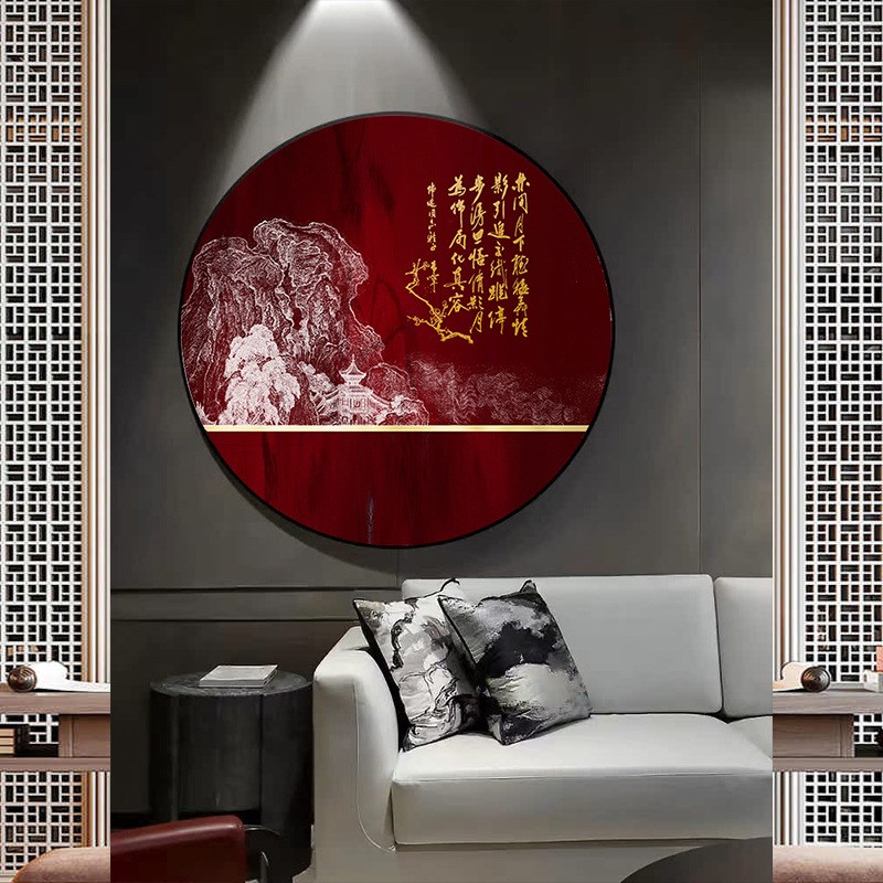 新中式圆形装饰画软装样板房客厅入户玄关背景墙浮雕古建筑挂画图片