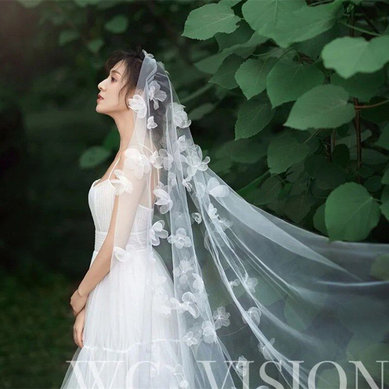 新娘立体花瓣头纱旅拍清新素纱婚礼配饰影楼拍摄道具白色花朵头纱