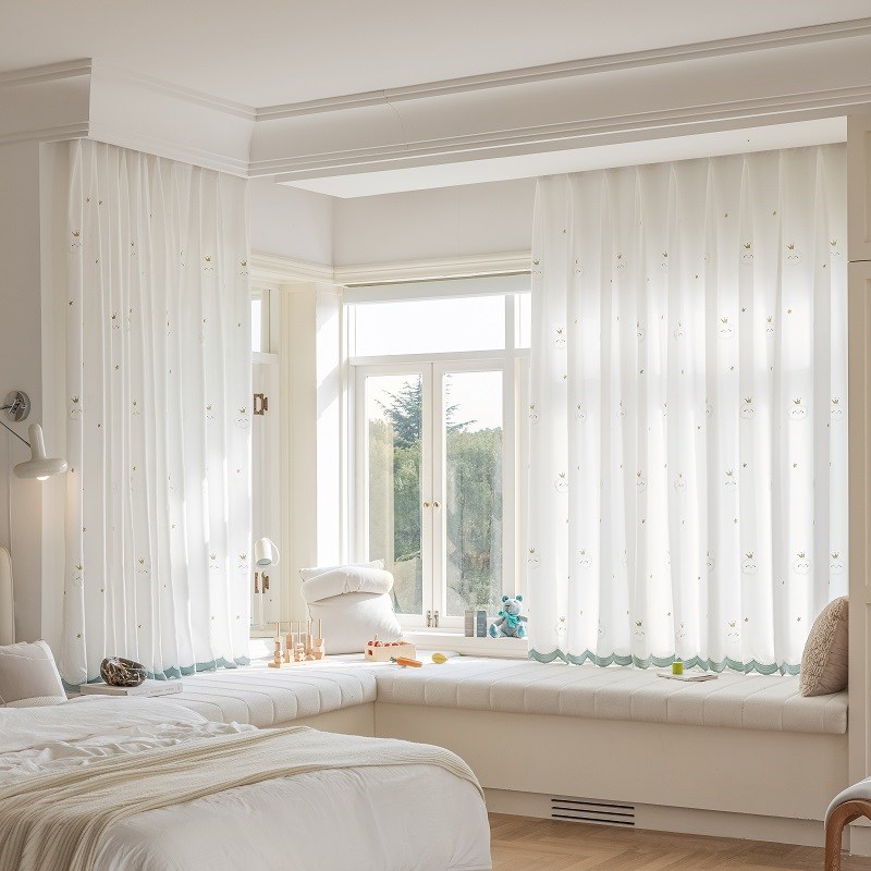 儿童卡通白纱帘新款透光不透人可爱男孩女孩卧室房间飘窗白纱窗帘