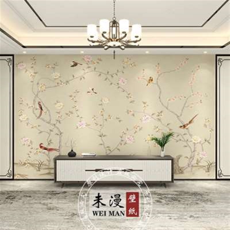 现代简约花鸟墙纸新中式墙布客厅卧室电视背景墙壁纸壁布影视壁画